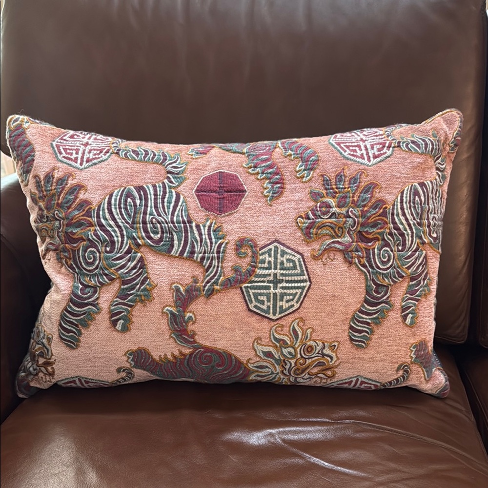 Paoletti Asian Chinoiserie couture pink Embroidered Decorative Pillow